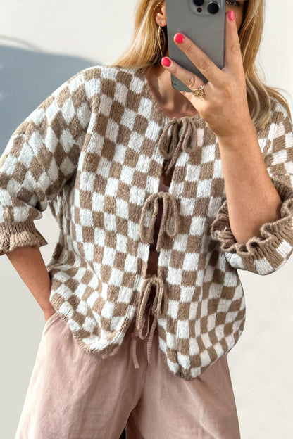 Back To School Sweater - Double Take Tied Checkered Dropped Shoulder Flounce Sleeve Cardigan Taupe