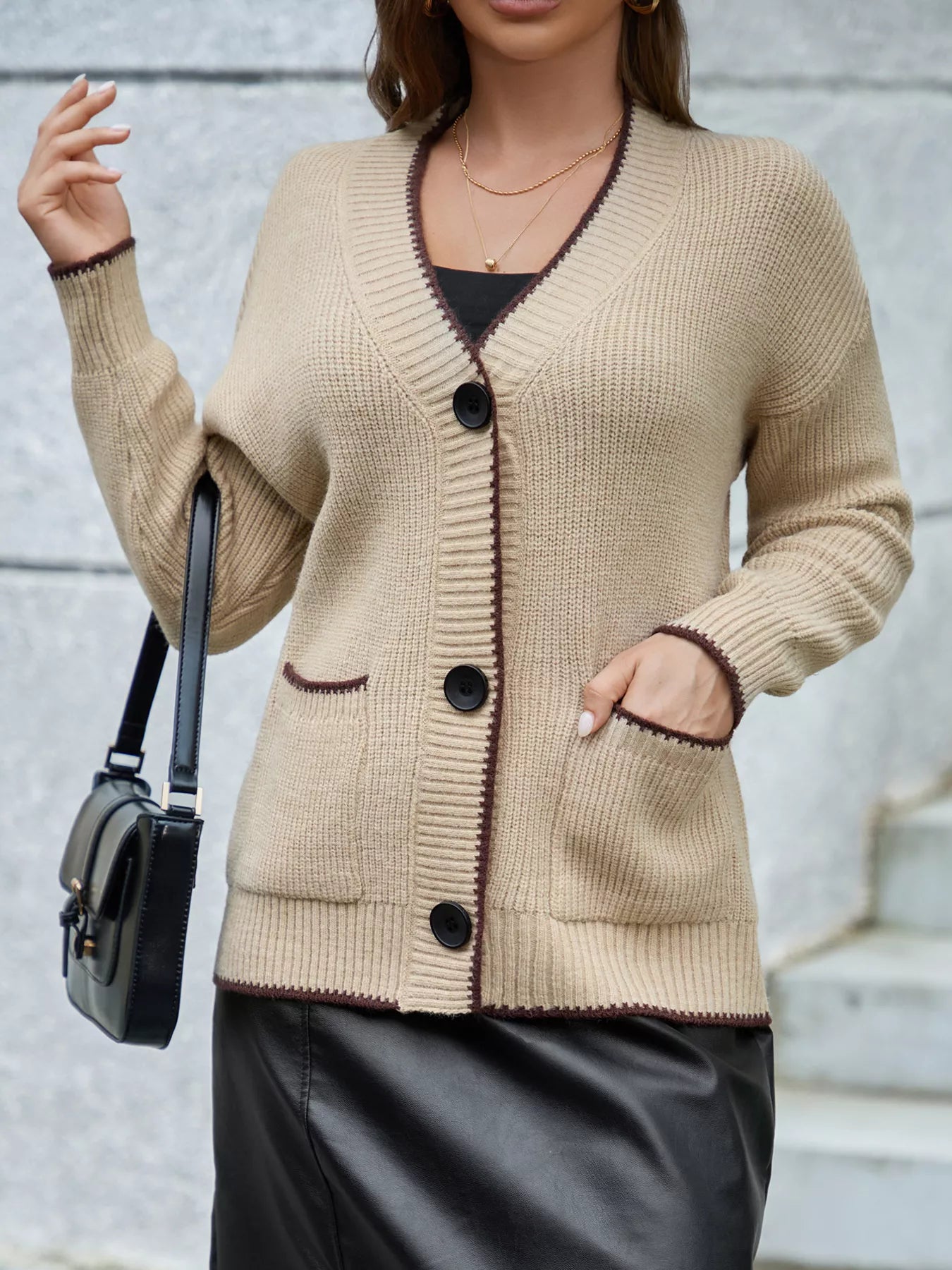 Pocketed Button Down Cardigan Khaki