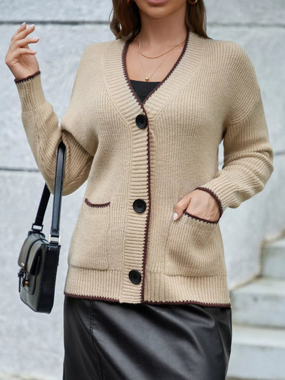 Pocketed Button Down Cardigan Khaki