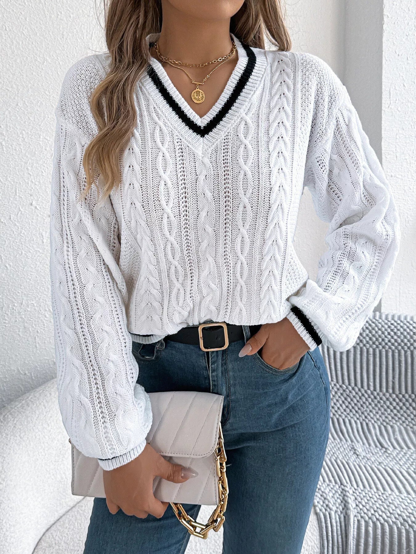 Cable Knit V-Neck Long Sleeve Sweater