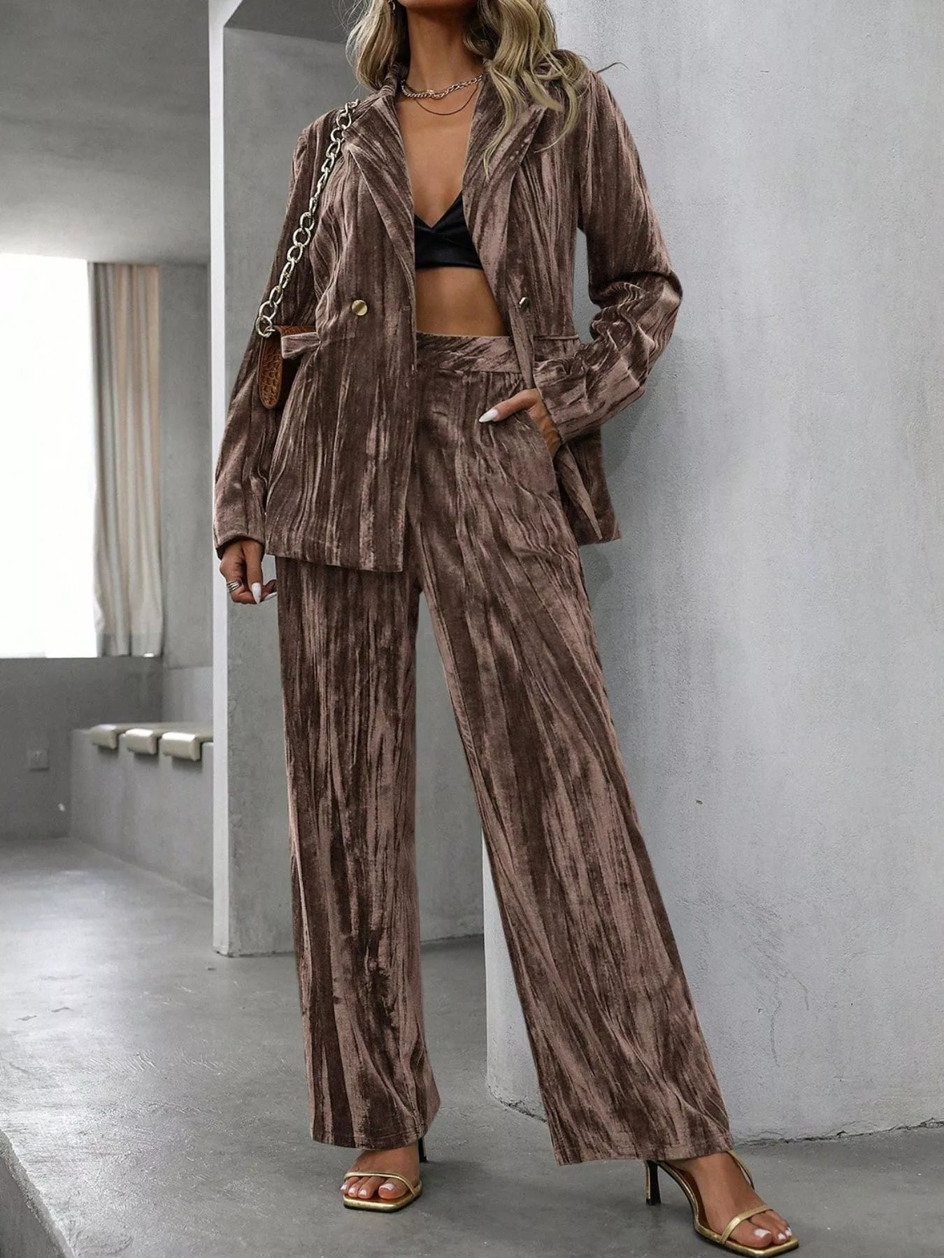 Lapel Collar Long Sleeve Blazer and Pants Set