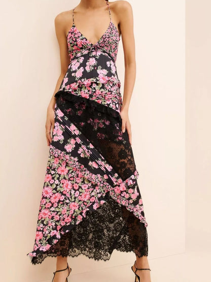 Lace Detail Ruffled Floral V-Neck Maxi Dress Black