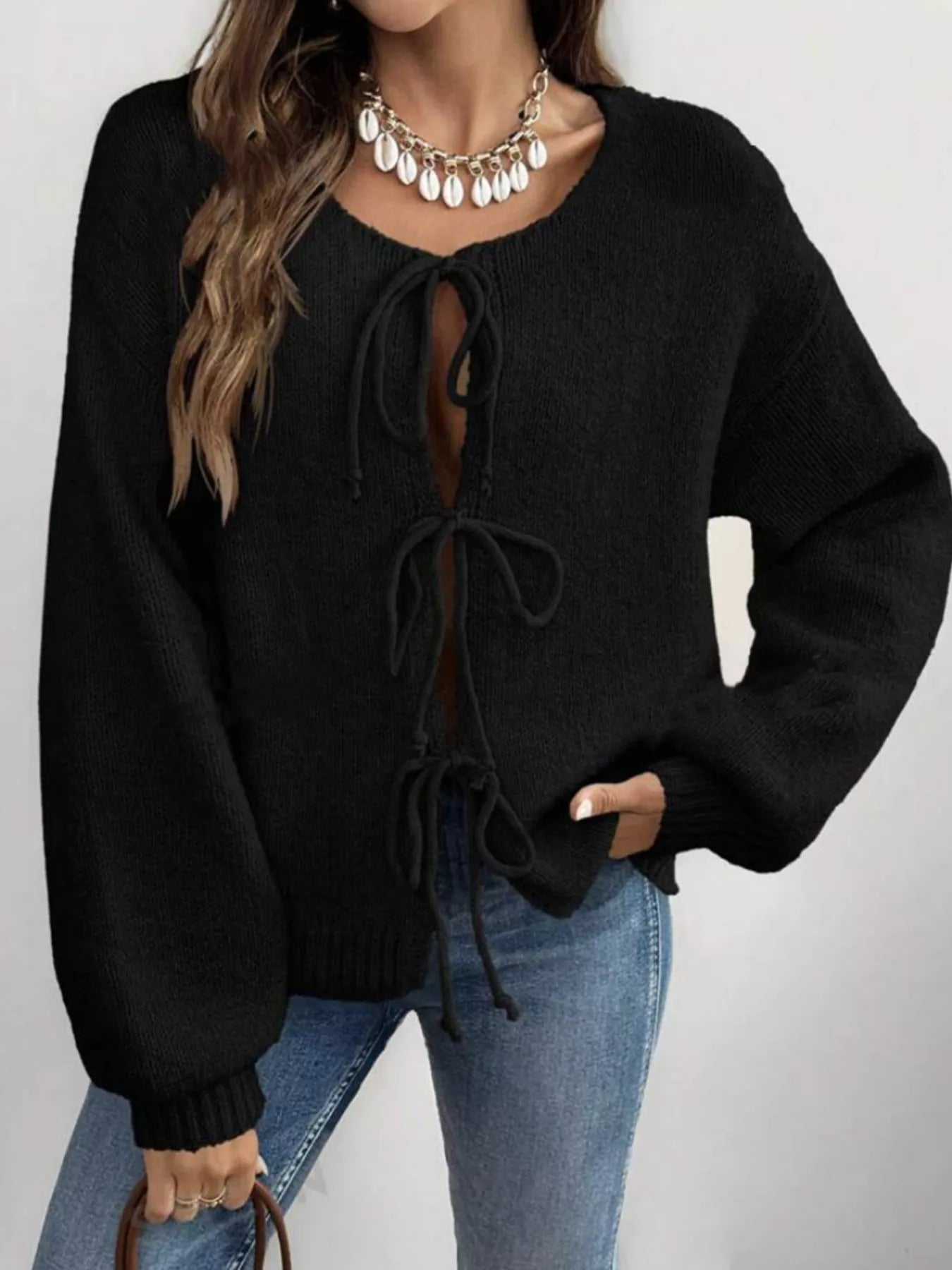 Tie-Front Long Sleeve Cardigan Black