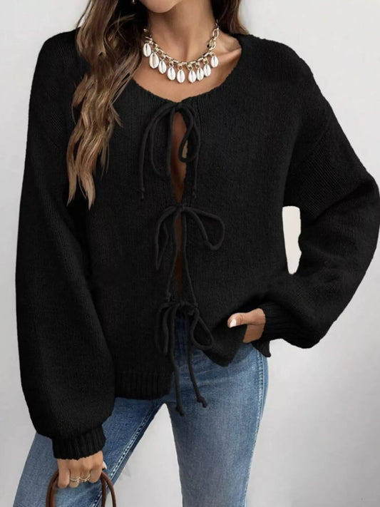Tie-Front Long Sleeve Cardigan Black