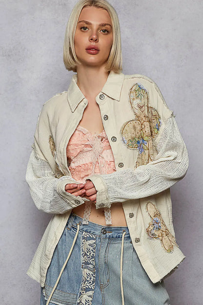 POL Button Down Exposed Seam Flower Print Patch Shirt with Crochet Long Sleeve Cream