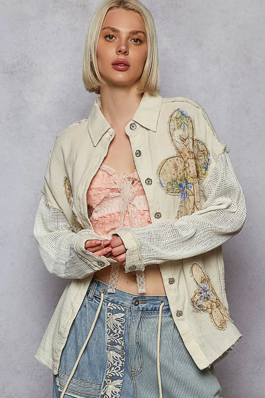 POL Button Down Exposed Seam Flower Print Patch Shirt with Crochet Long Sleeve Cream