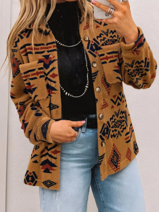 Western Aztec Pattern Fleece Button-Up Shacket Caramel