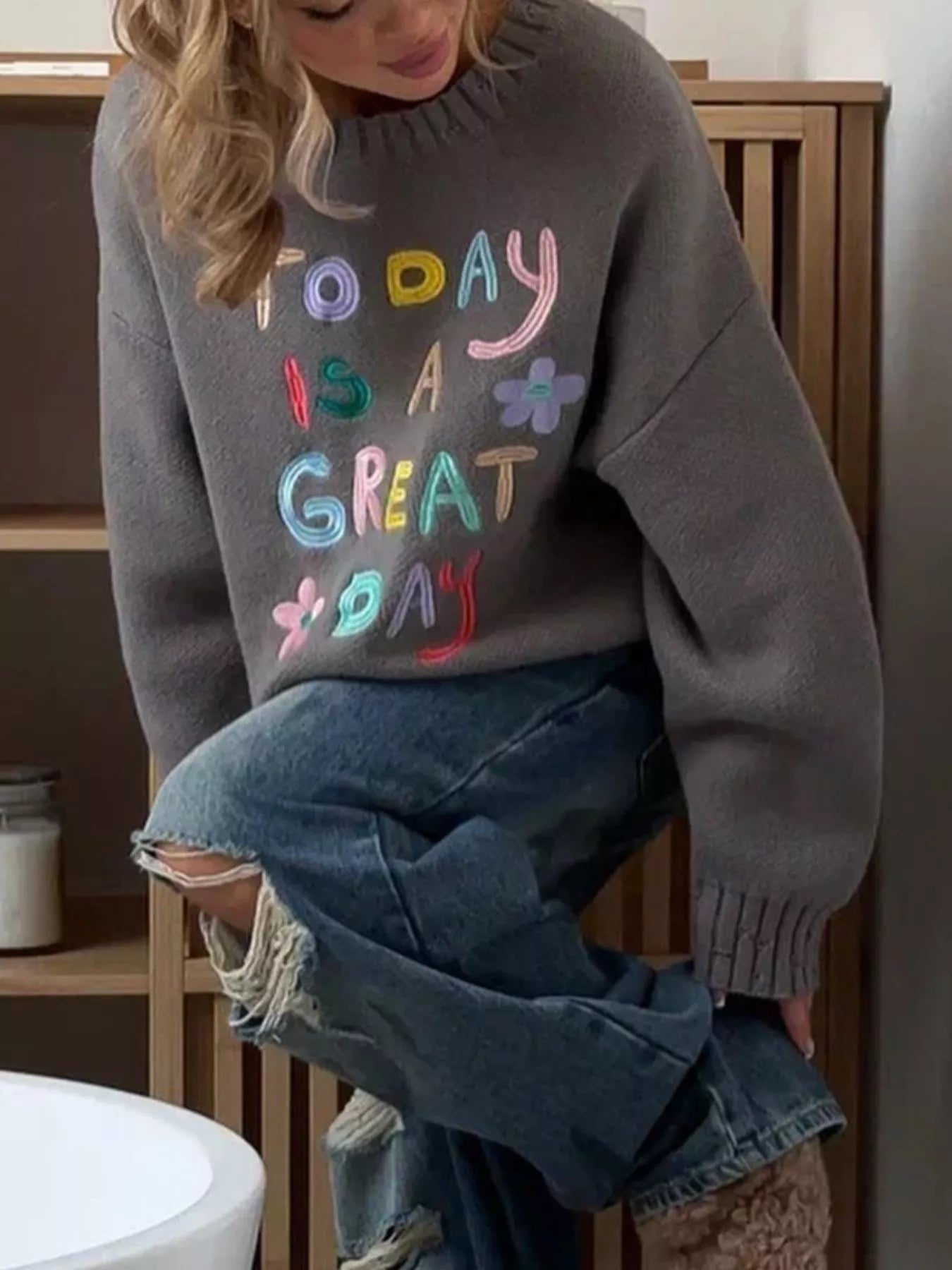 Embroidered 'Great Day' Dropped Shoulder Sweater