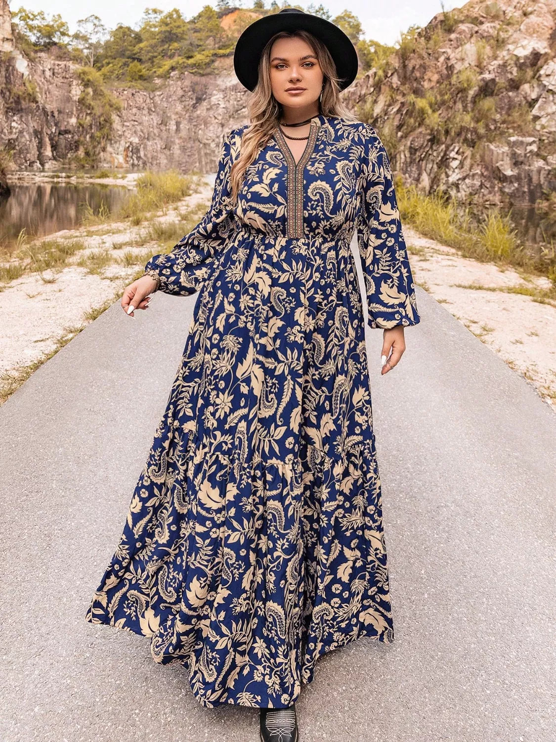 Plus Size Floral Print Long Sleeve Maxi Dress Dark Blue