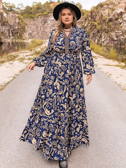 Plus Size Floral Print Long Sleeve Maxi Dress Dark Blue