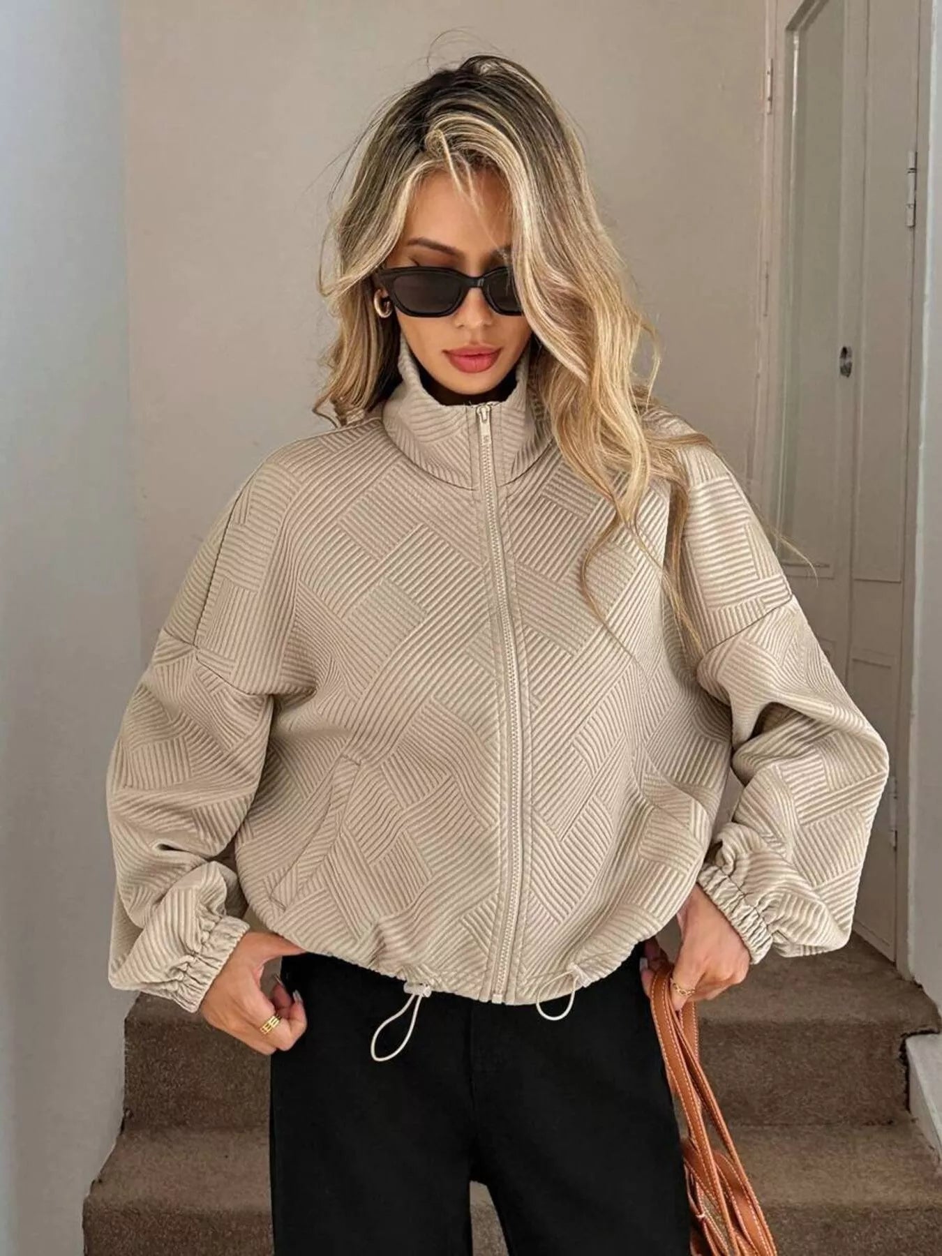 Drawstring Hem Textured Long Sleeve Jacket