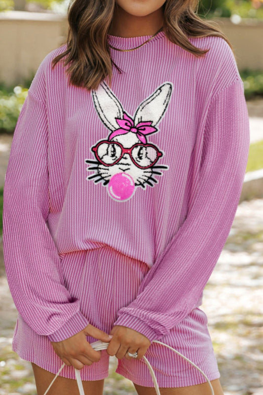 Bubble Gum Rabbit Sequin Corded Rib Top and Shorts Set Fuchsia Pink