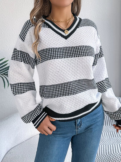Contrast Striped V-Neck Sweater