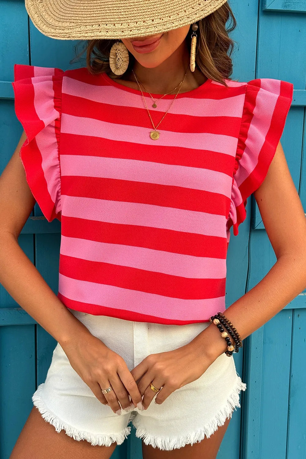 Striped Ruffle Sleeve Summer T-Shirt