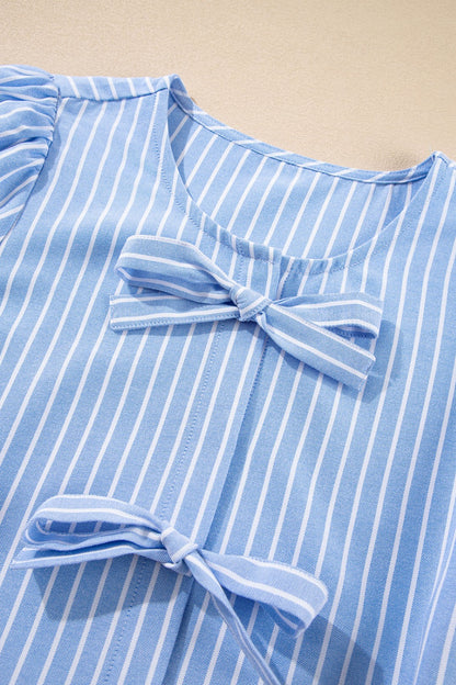 Striped Bowknot Detail Puff Sleeve Top and Shorts Set