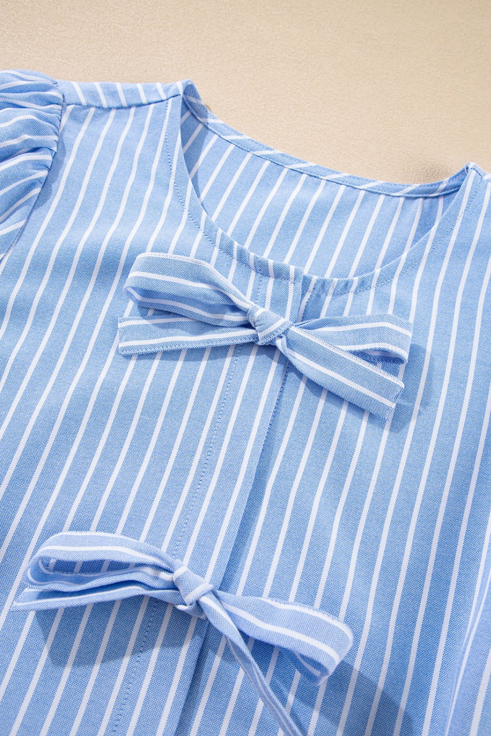 Striped Bowknot Detail Puff Sleeve Top and Shorts Set