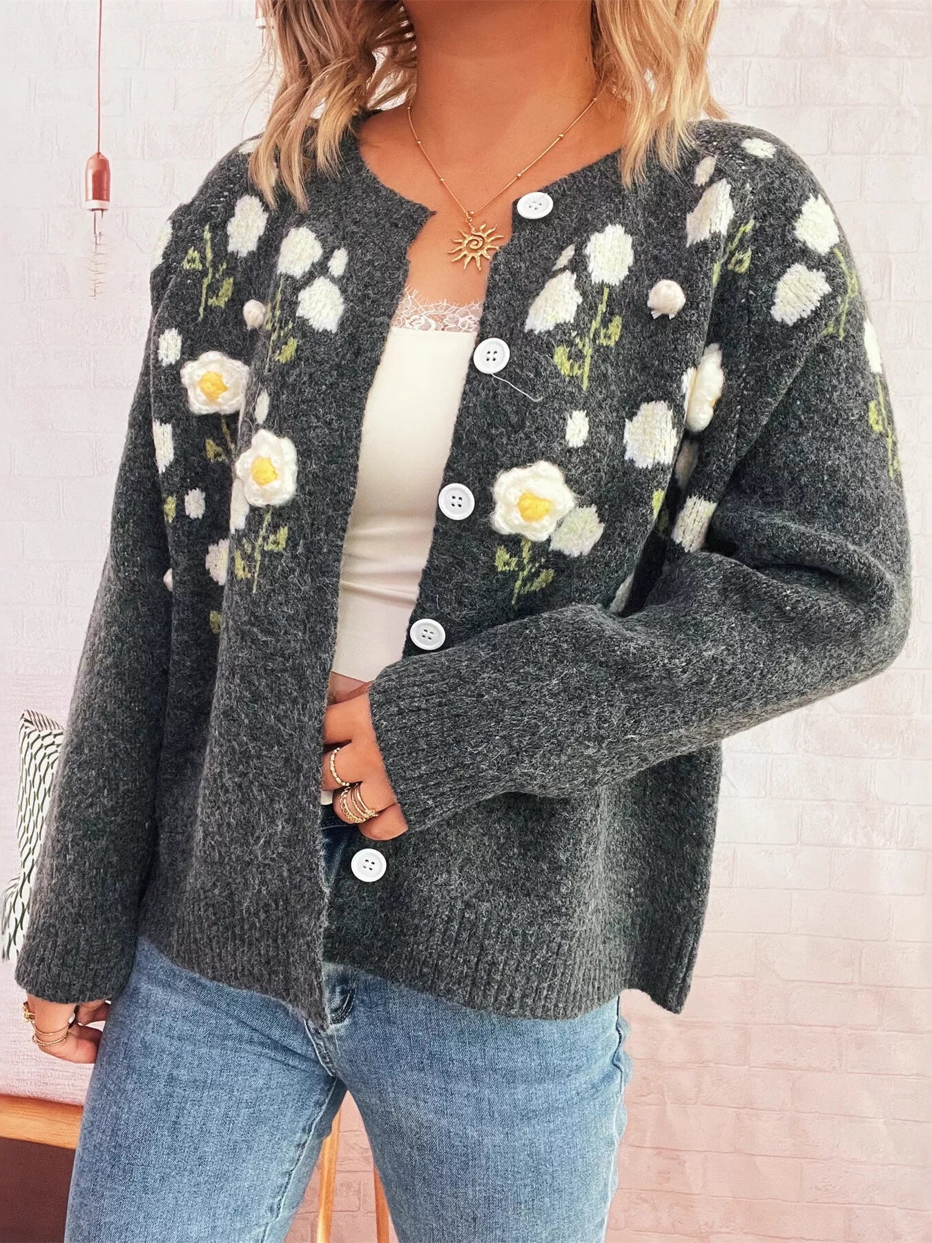 Flower Button Up Long Sleeve Cardigan