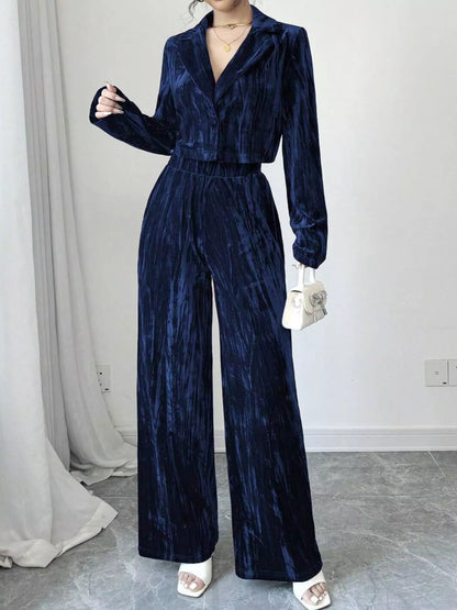 Pleated Velvet Blazer & Wide Leg Pants Set