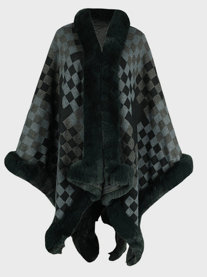 Fuzzy Checkered Long Sleeve Poncho Black Forest One Size