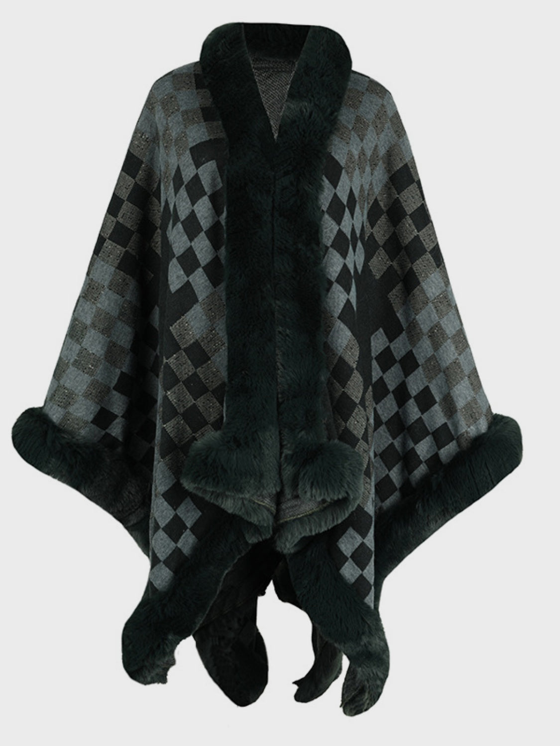 Fuzzy Checkered Long Sleeve Poncho Black Forest One Size