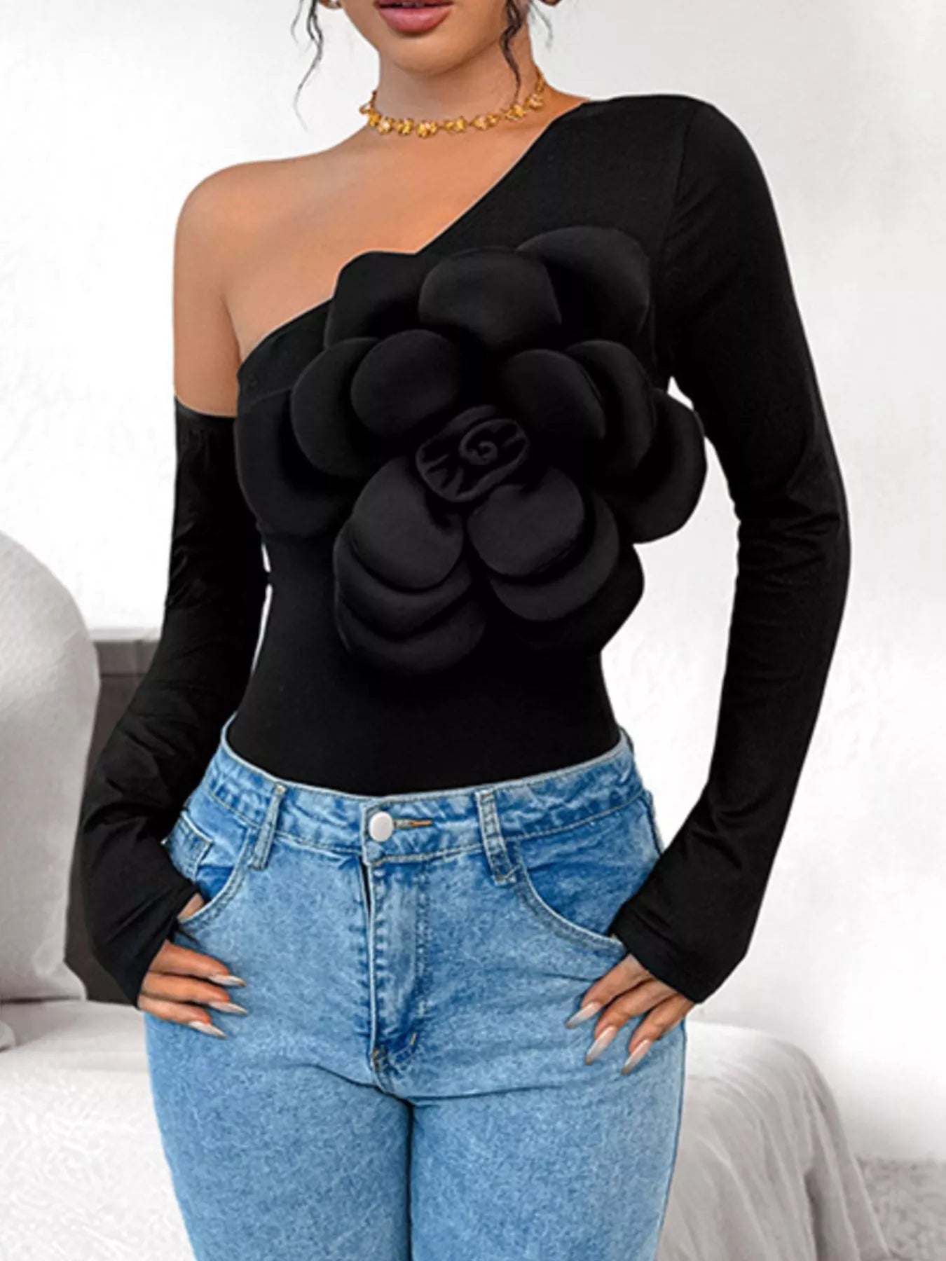 Flower Long Sleeve Single Shoulder Bodysuit