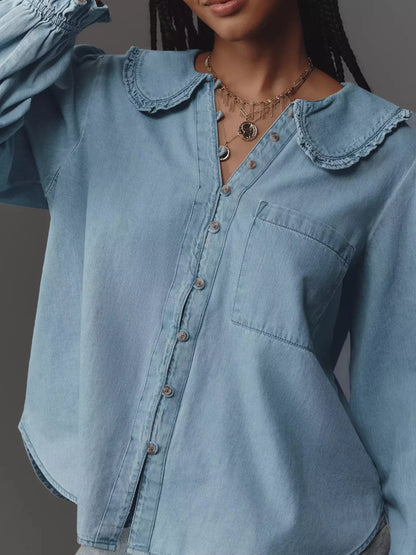 Peter Pan Collar Ruffled Denim Shirt