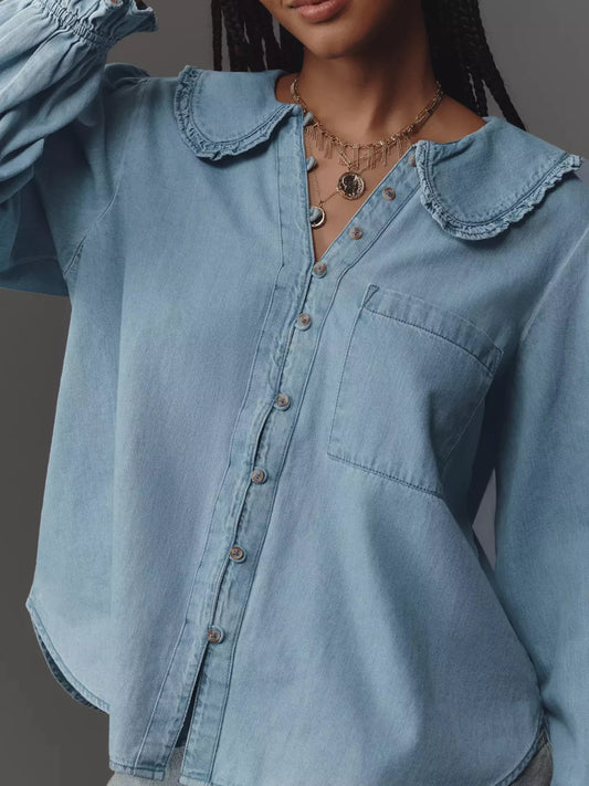 Peter Pan Collar Ruffled Denim Shirt