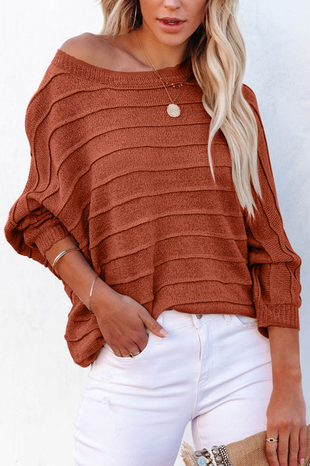 Round Neck Long Sleeve Knit Top Rust