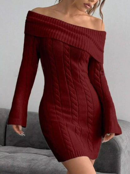 Off-Shoulder Cable Knit Bodycon Sweater Dress