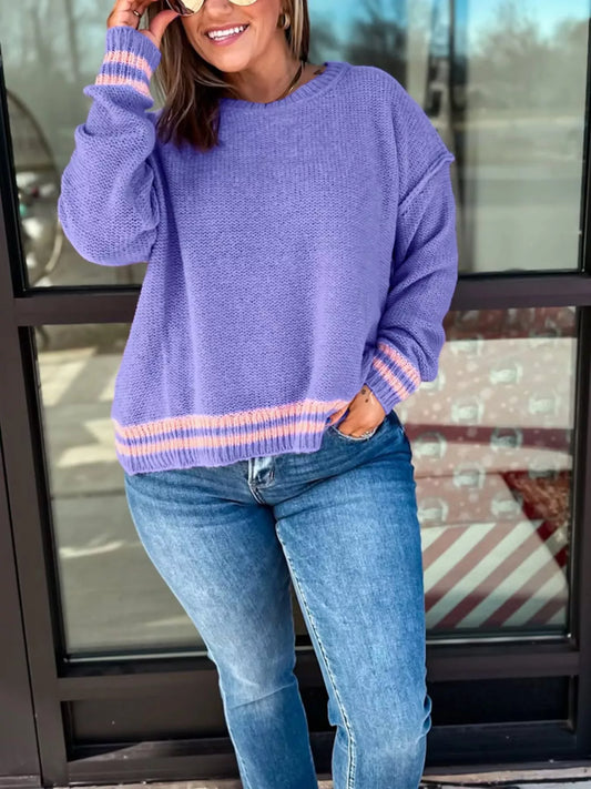 Plus Size Striped Trim Drop Shoulder Knit Loose Sweater Blue Purple
