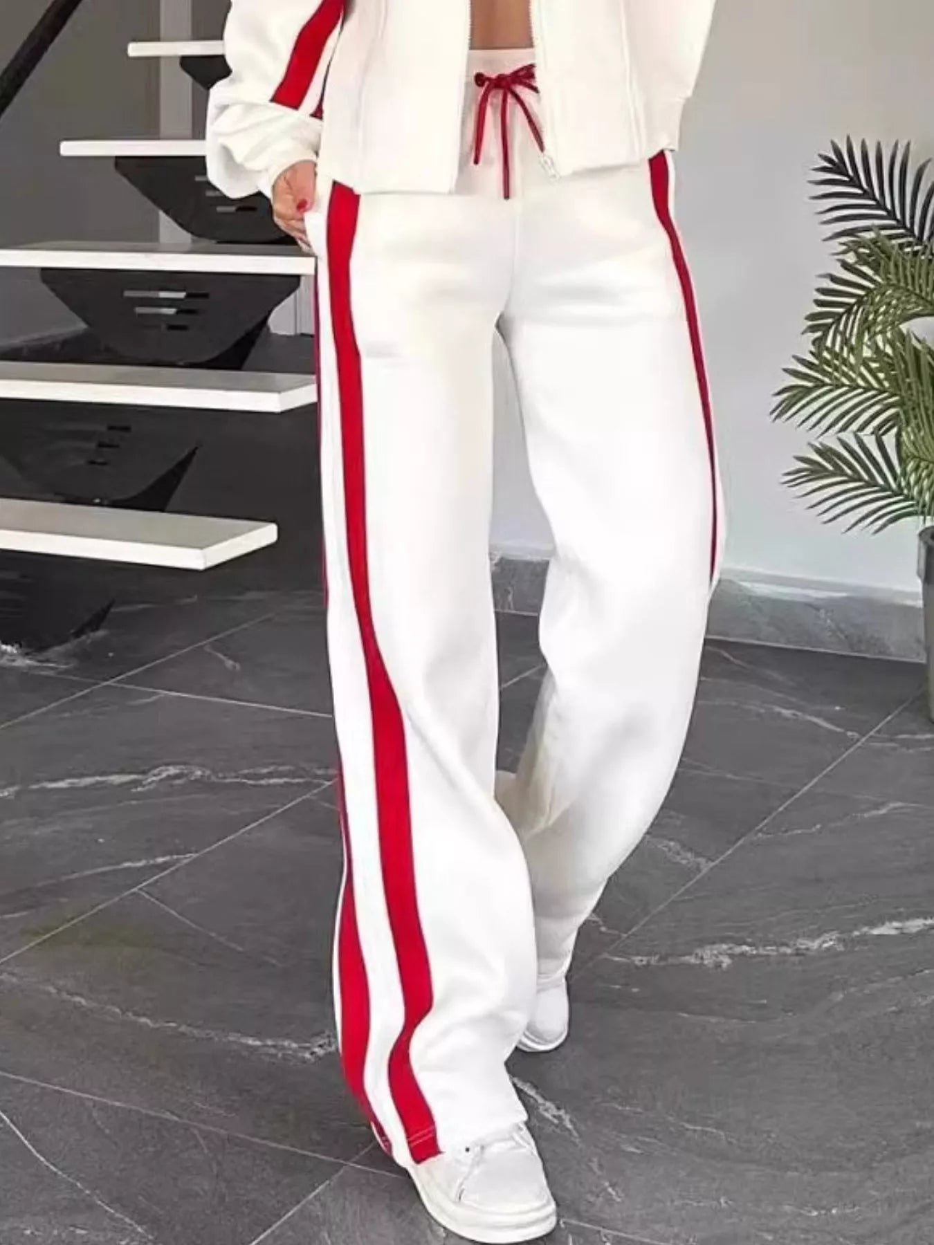 Full Size Contrast Stripe Zip Up Jacket and Pants Set Plus Size