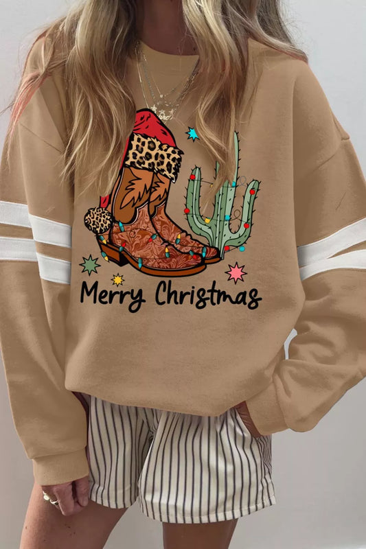 Merry Christmas Cowboy Boot Cactus Casual Sweatshirt Khaki