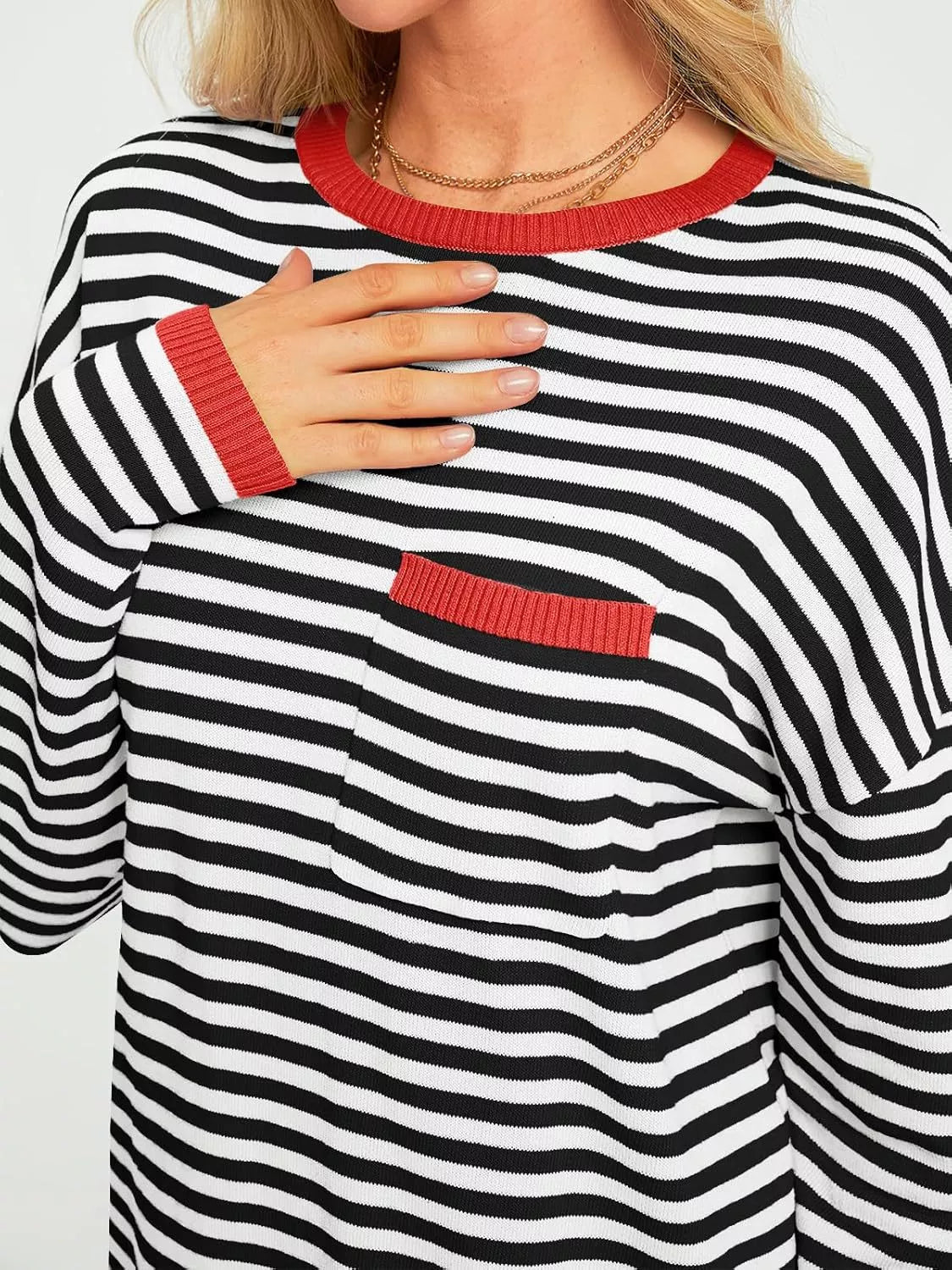 Striped Long Sleeve Sweater with Contrast Ribbed Trim