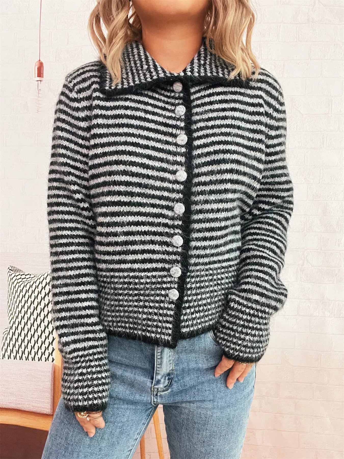 Striped Button-Up Long Sleeve Cardigan