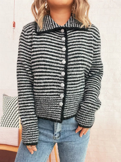 Striped Button-Up Long Sleeve Cardigan