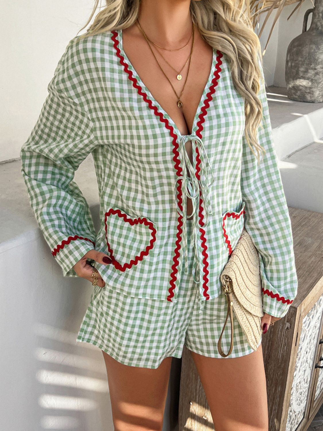 Devine Tie Front Contrast Plaid Shirt and Shorts Set Light Green