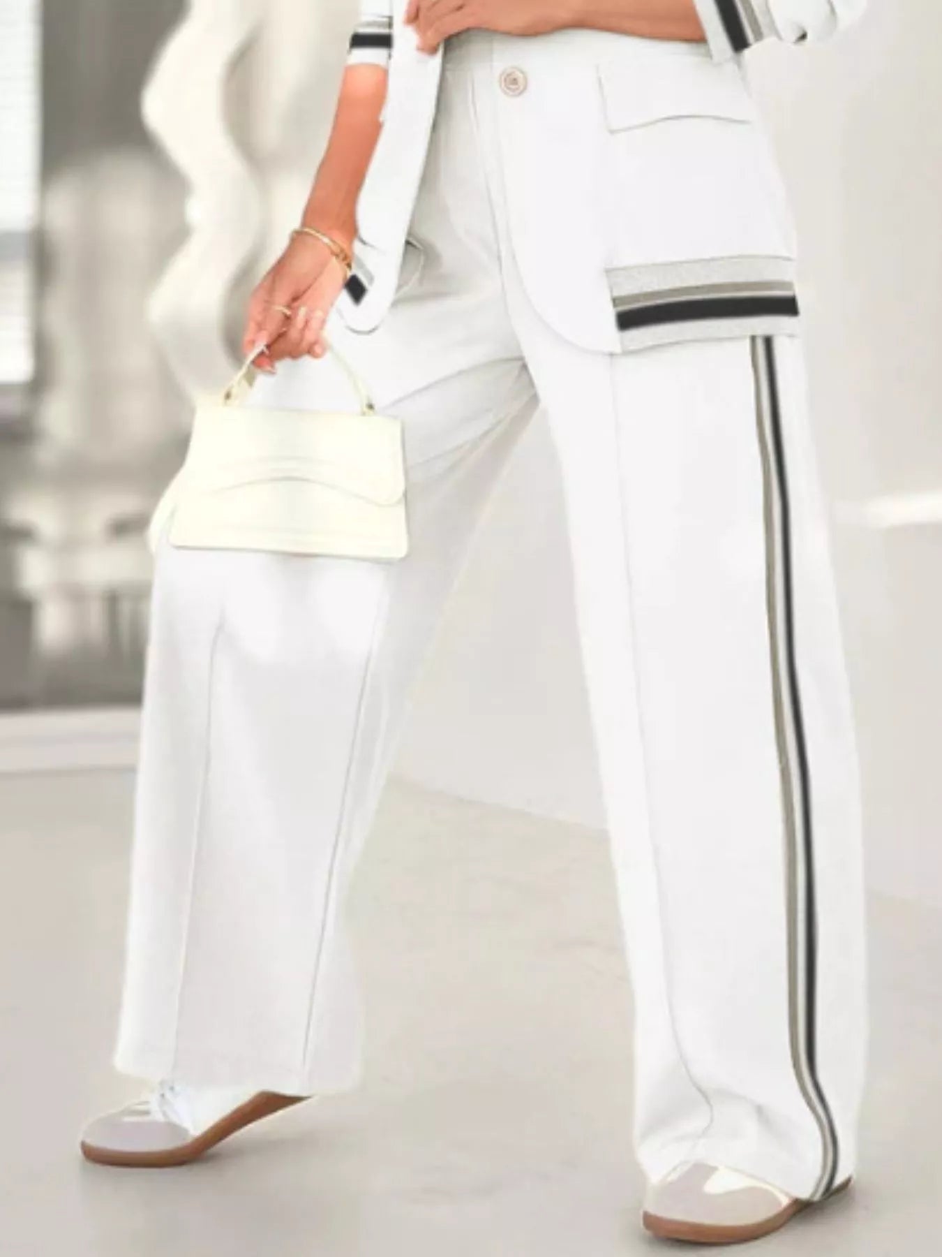 Full Size Striped Trim Button Down Jacket and Pants Set Plus Size