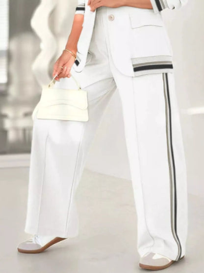 Full Size Striped Trim Button Down Jacket and Pants Set Plus Size