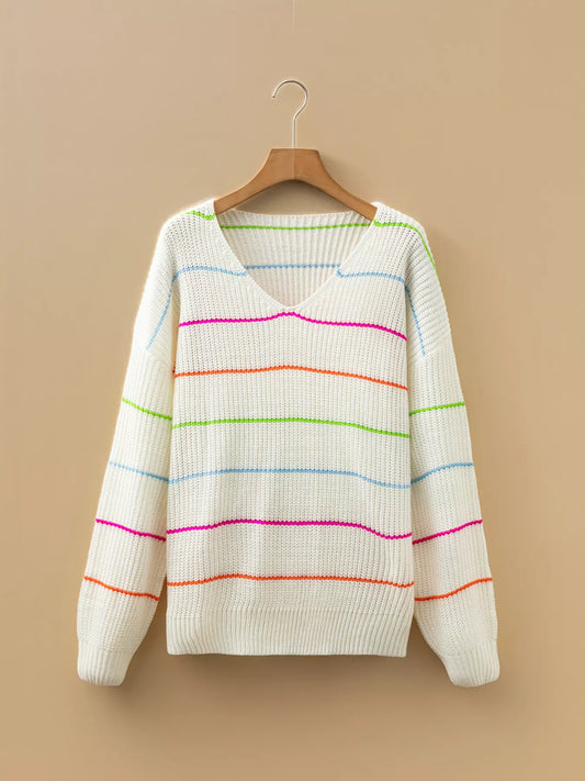 Colorful Striped Detail V Neck Drop Shoulder Baggy Sweater