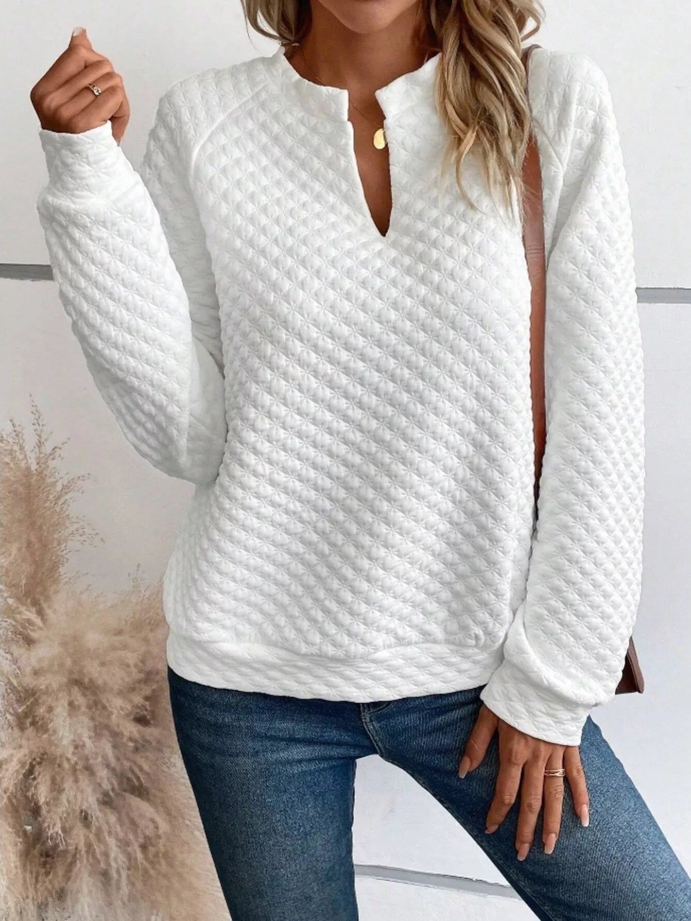 Notched Raglan Sleeve Sweatshirt White