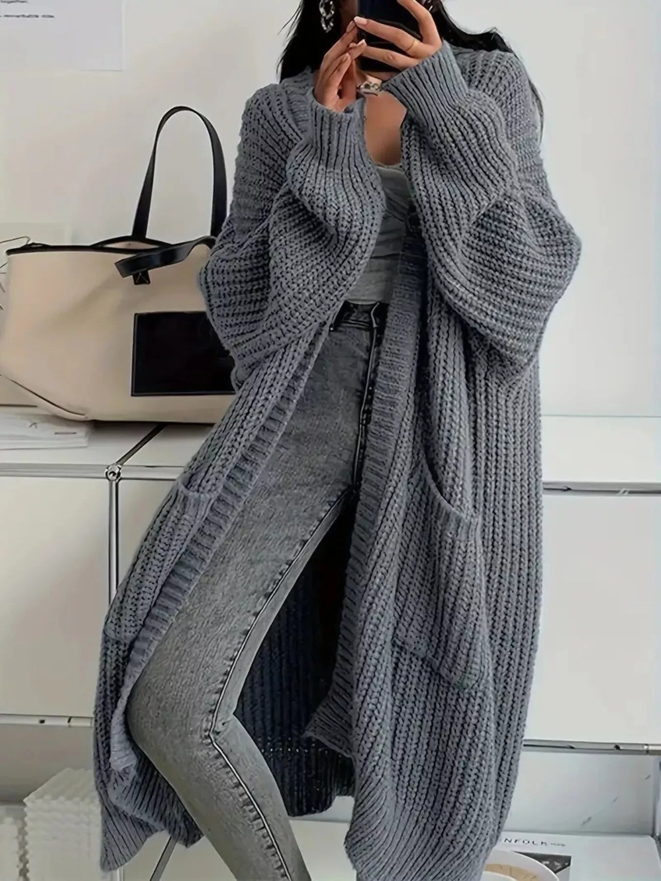 Oversized Long Sleeve Longline Cardigan Dark Gray
