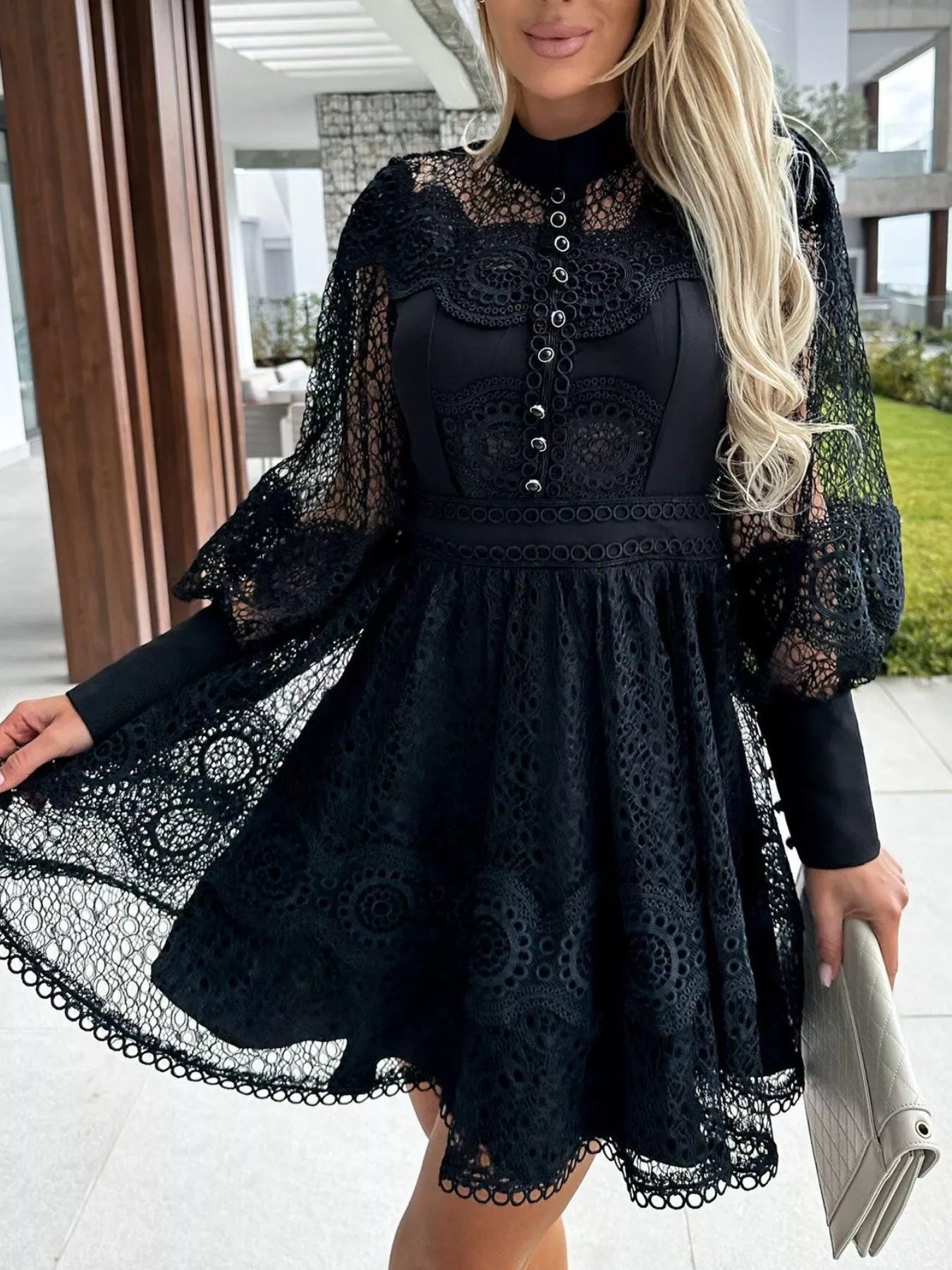 Lace Lantern Sleeve Mini Dress Black