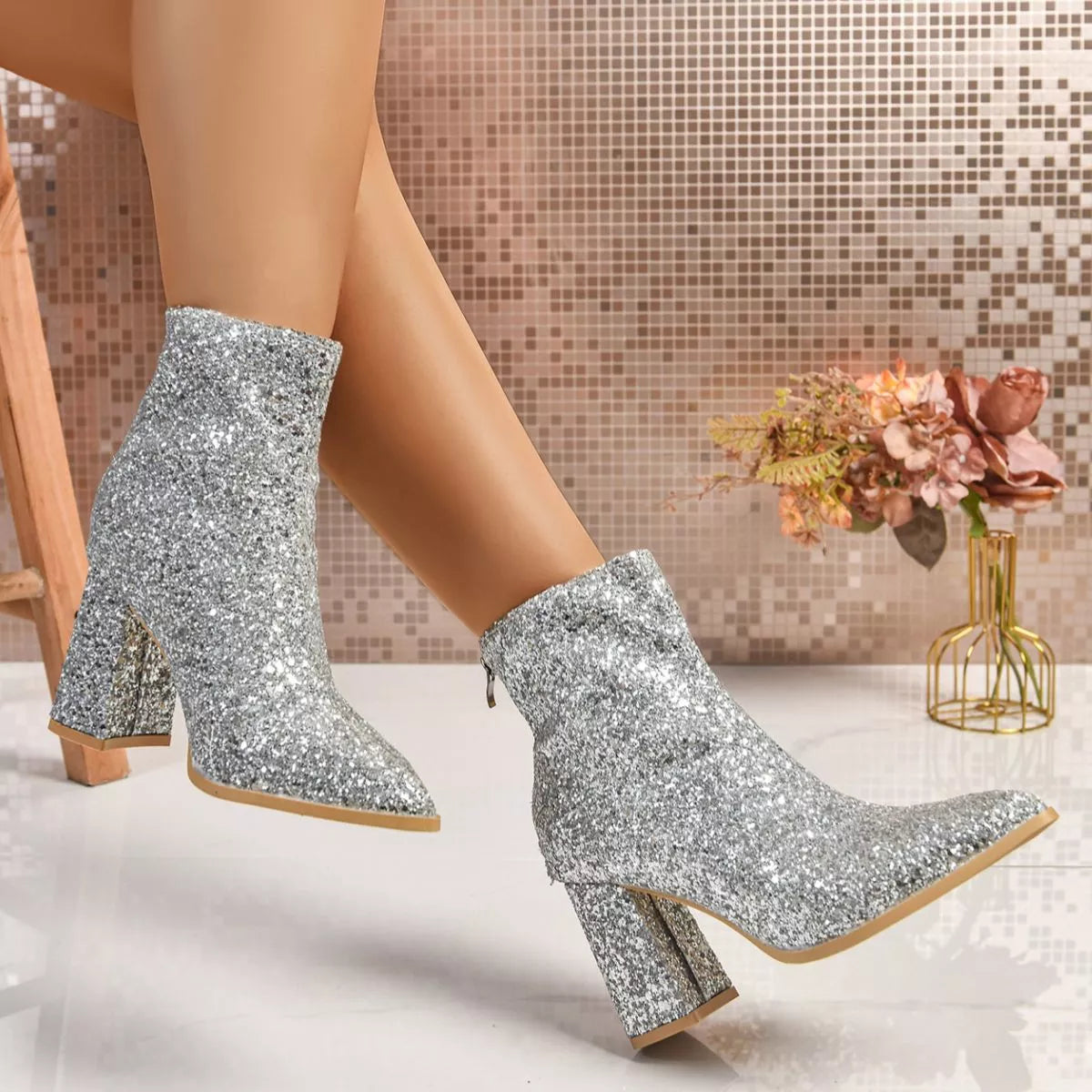 Sequin Point Toe Block Heels Boots Gray