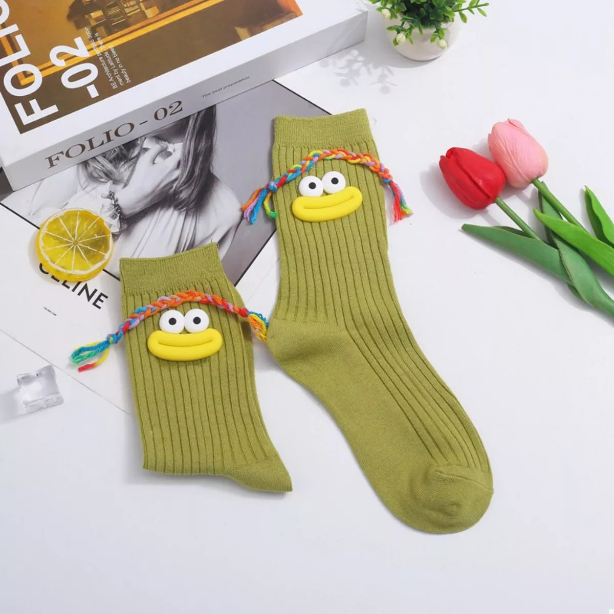 Cartoon Ribbed Knit Crew Socks Matcha Green One Size