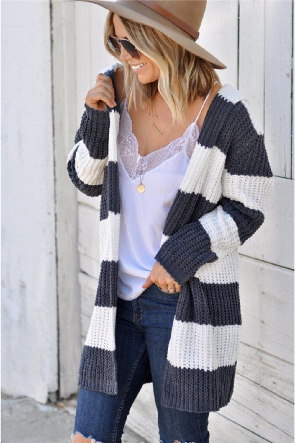 Contrast Stripes Open Front Long Sleeve Cardigan