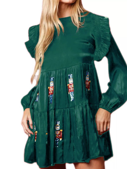 Christmas Ruffled Nutcracker Long Sleeve Dress Green