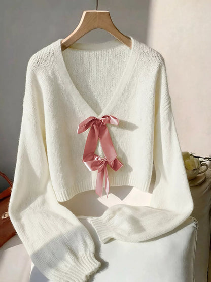 Bow-Knot Embellished V-Neck Cardigan