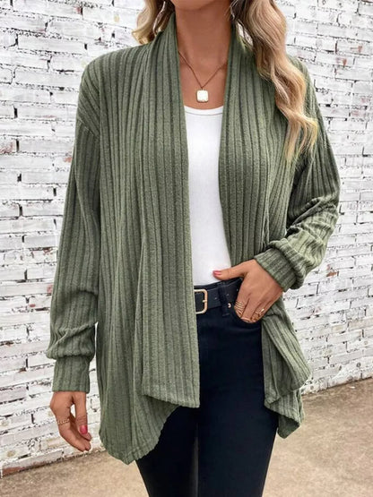 Full Size Ribbed Knit Open Front Cardigan Plus Size Olive