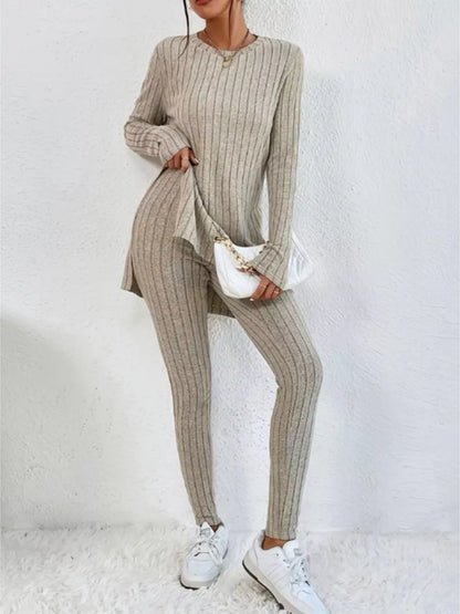 Side Slit Ribbed Top and Pants Set