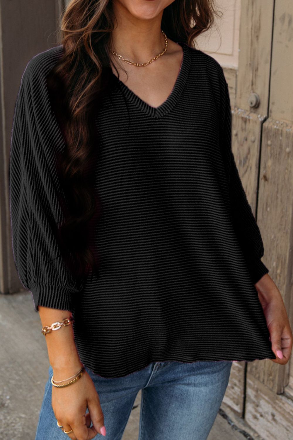 Texture V-Neck Long Sleeve Top Black